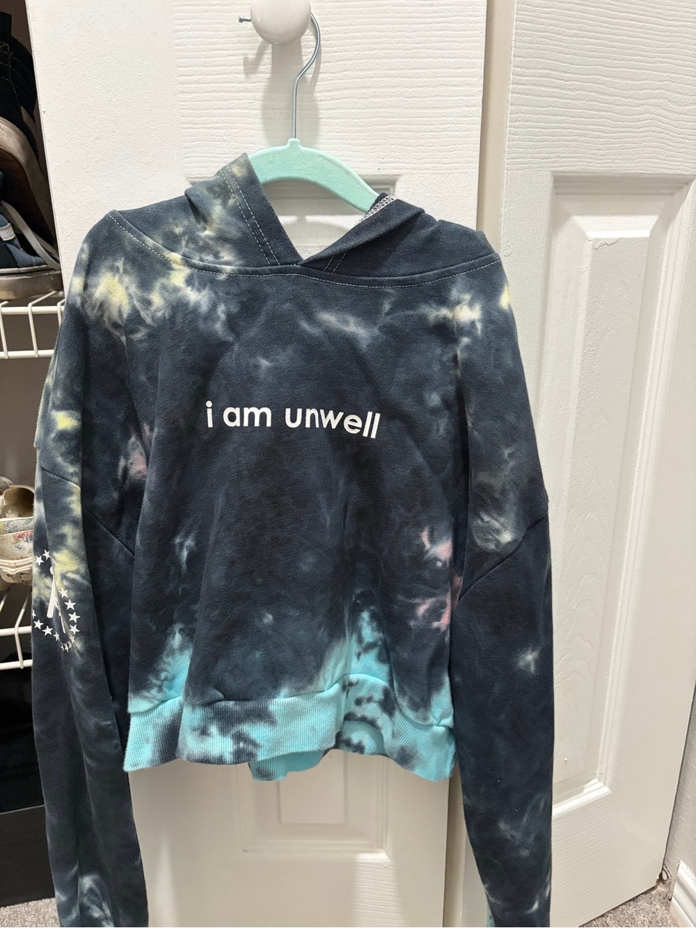 Tie-Dye 'i am unwell' Hooded Sweatshirt - Black with Teal & Pastel Accents